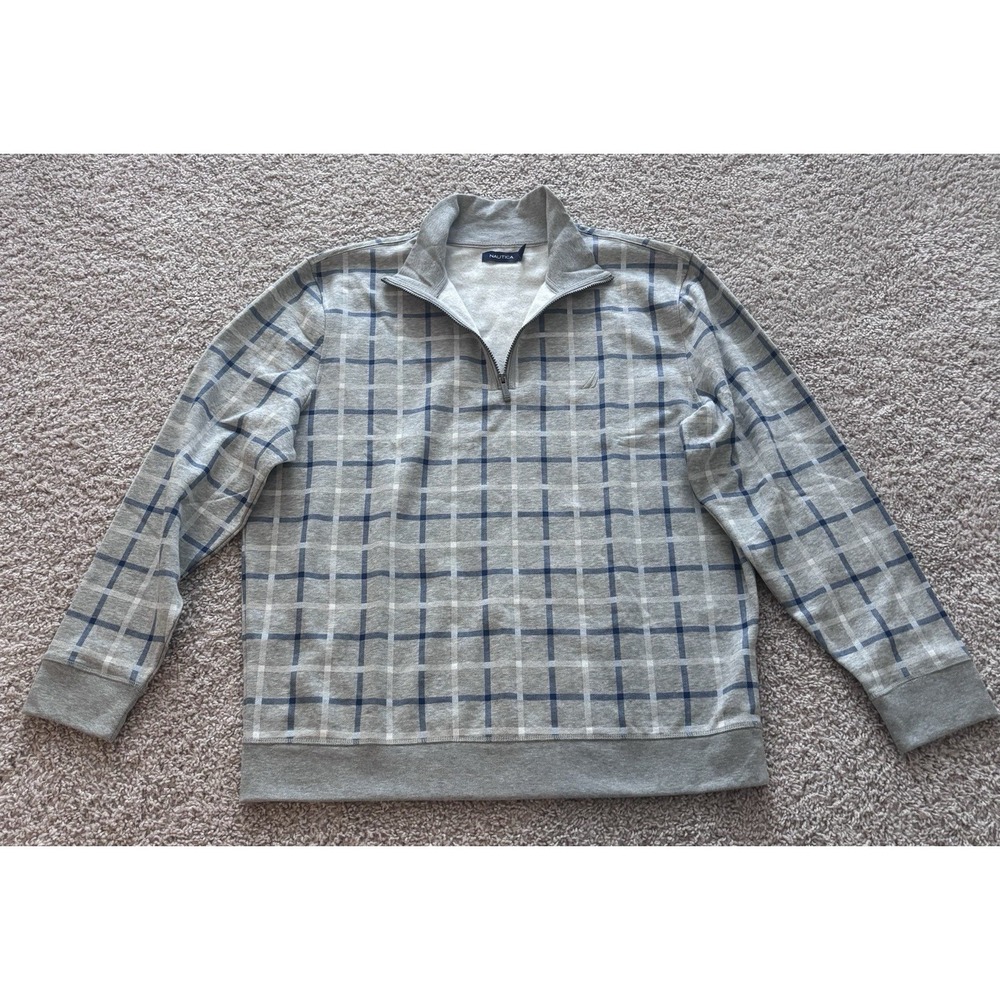 Nautica Men's Pullover 1/4 Zip Size 2XL Mock Neck Grey Plaid Fleece Lined